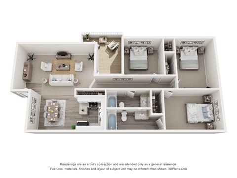 Floor plan for 3 beds, 2 baths, 1244 sqft